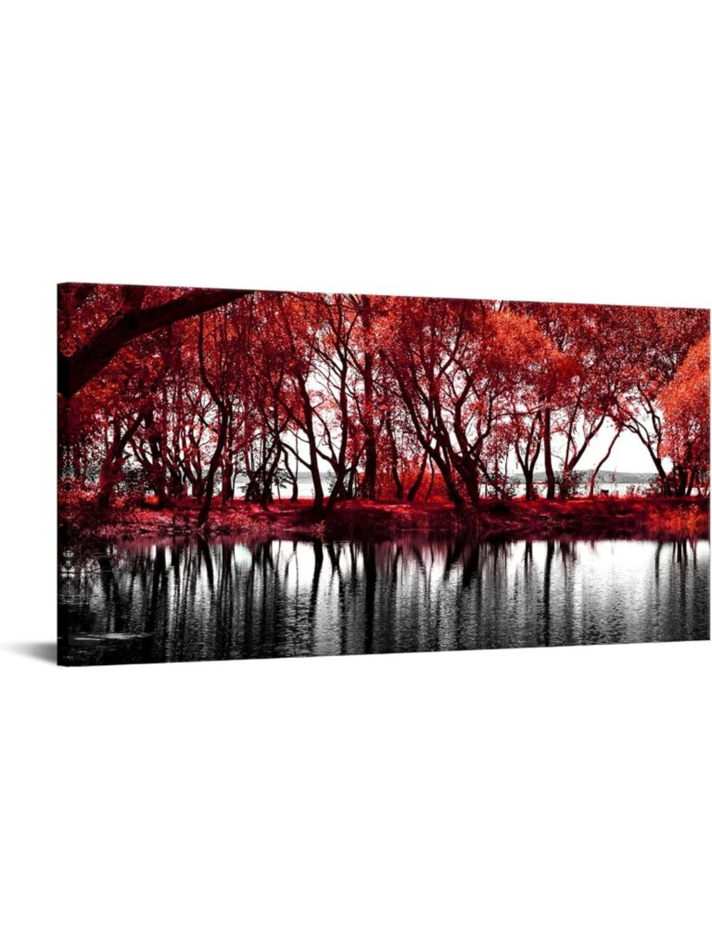 Modern Black & White Fall Tree Canvas Art - Framed Lake Landscape Decor 24x48